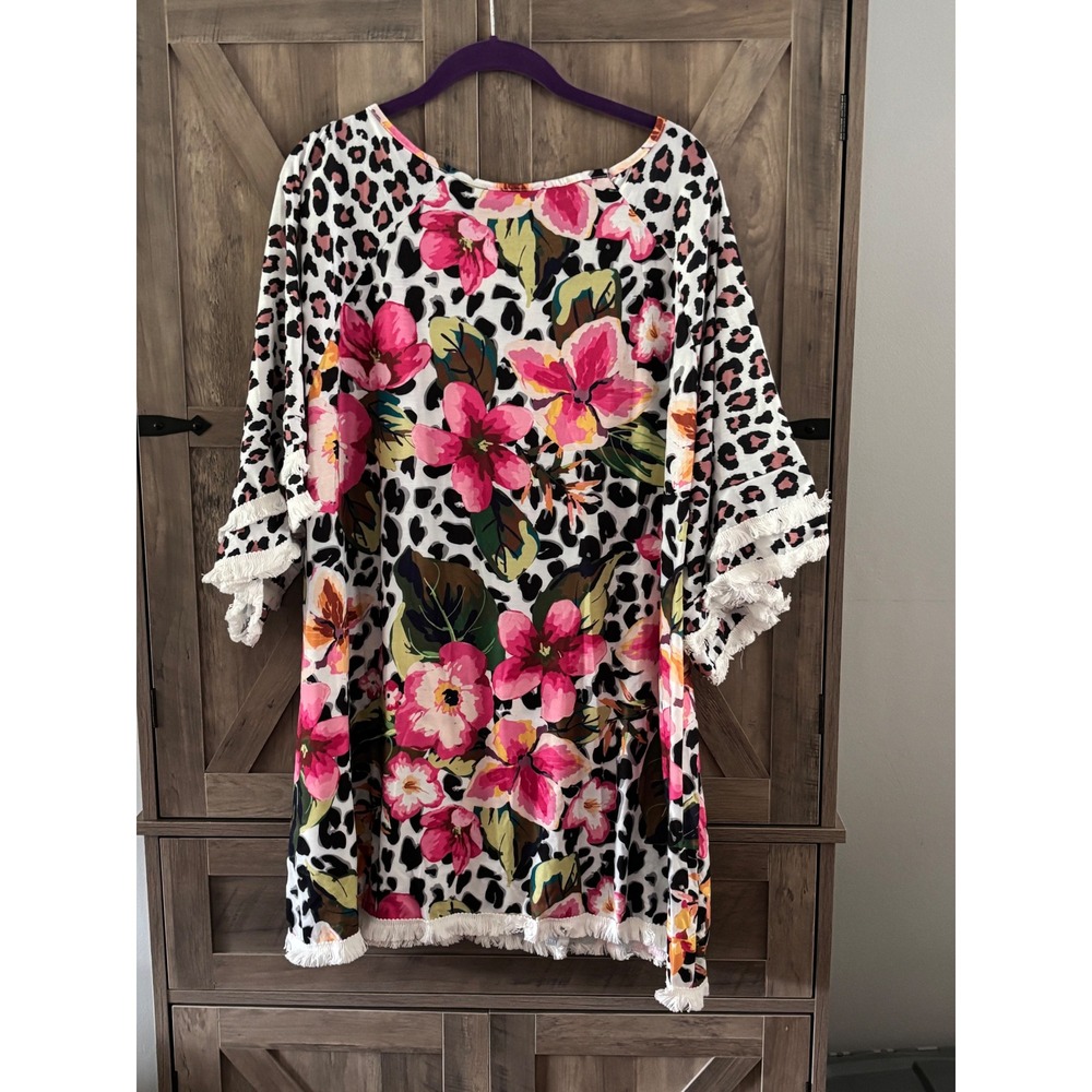 Floral Leopard Print Fringed Tunic Top Pink White 5XL Bell Sleeve Boho Coverup